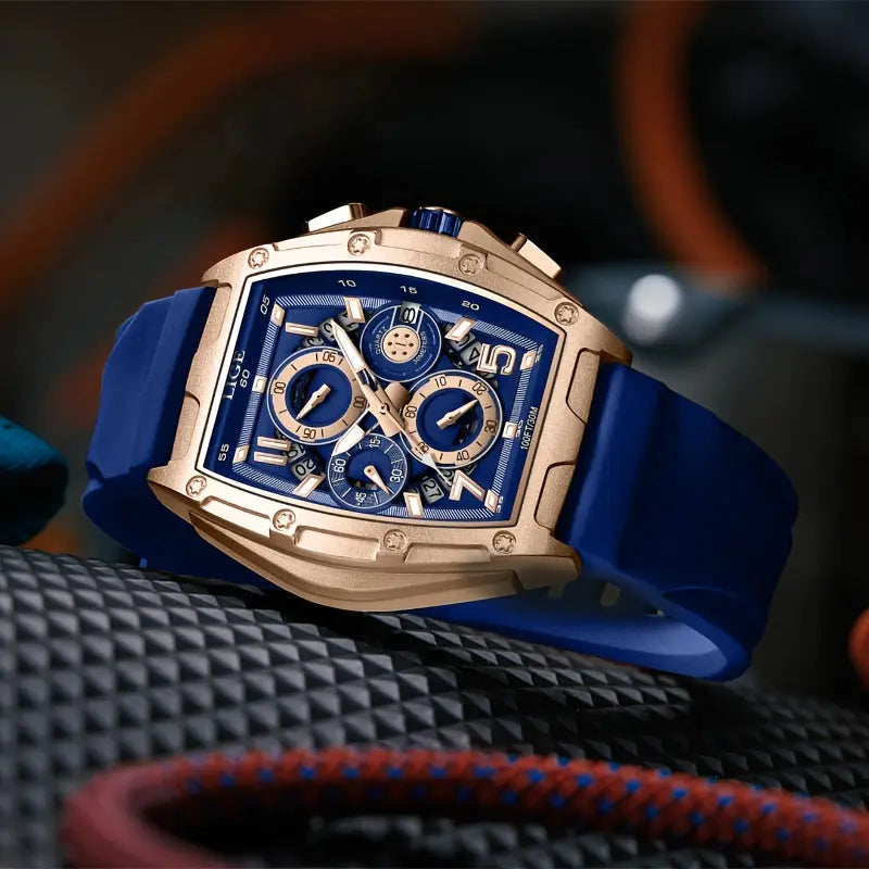 LIGE wine cask business watch with blue dial and gold case featuring a blue silicone strap