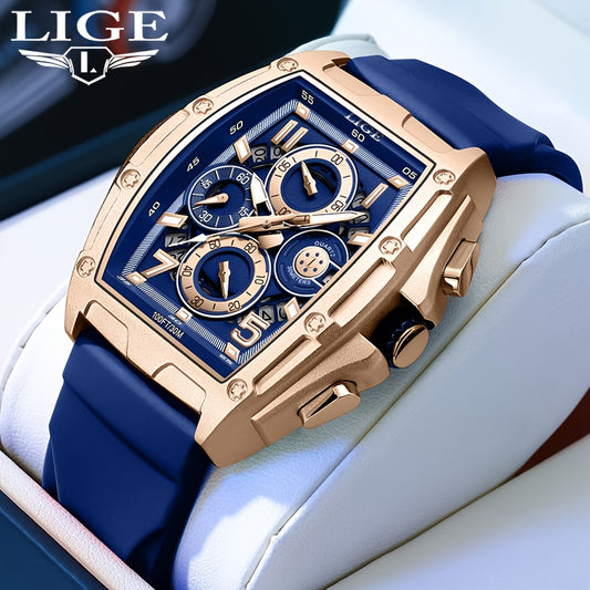 LIGE wine cask business watch with gold case and blue strap displayed on white cushion
