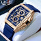 LIGE wine cask business watch with gold case and blue strap displayed on white cushion