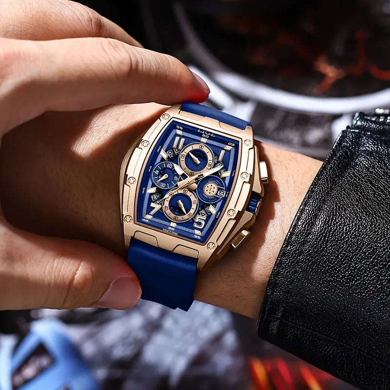 LIGE wine cask business watch with blue strap and gold case worn on wrist by person
