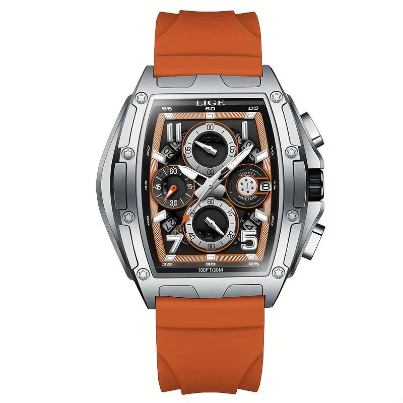 LIGE wine cask business watch with orange silicone strap and silver chronograph case