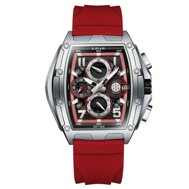 LIGE wine cask business watch with red silicone strap and silver rectangular case