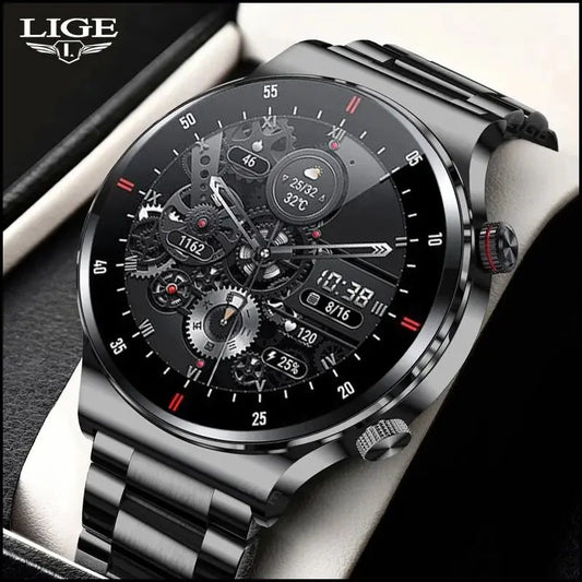 LIGE smart business watch with black stainless steel band and multifunctional digital analog display