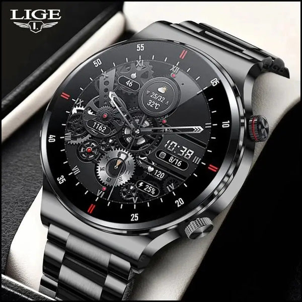 LIGE smart business watch with black stainless steel band and multifunctional digital analog display