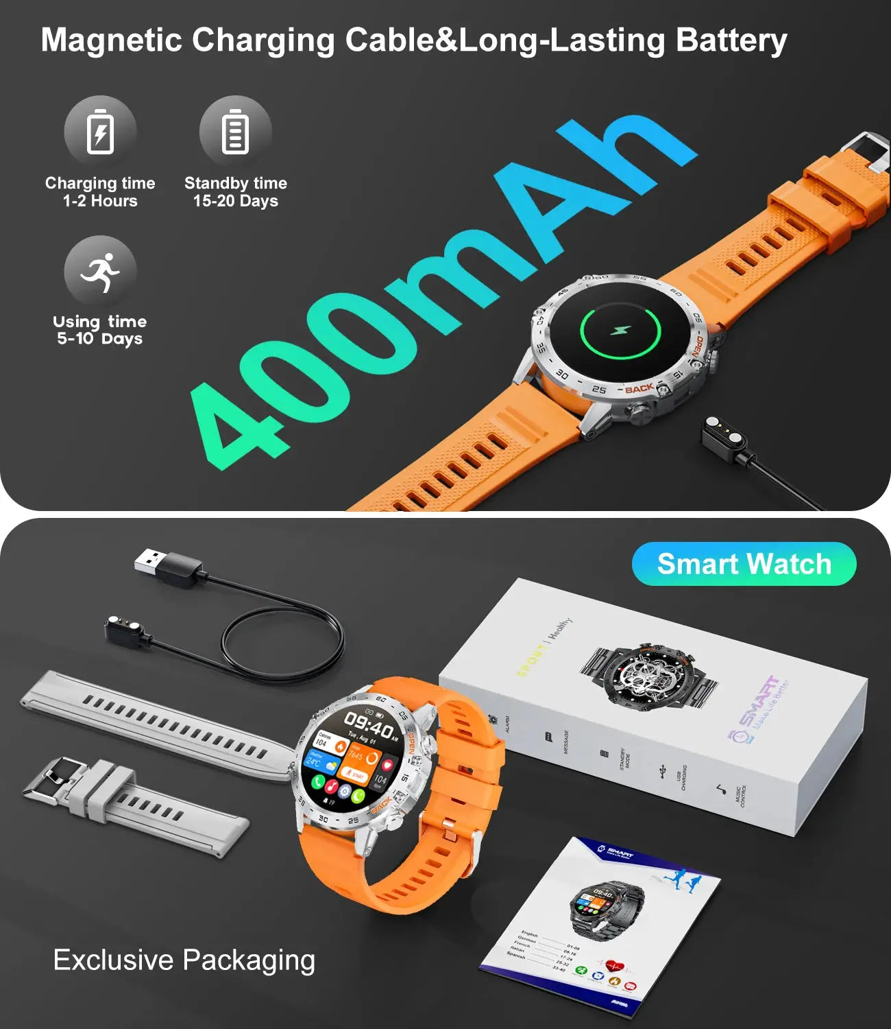 LIGE tactical smartwatch with orange band showing magnetic charging cable and exclusive packaging