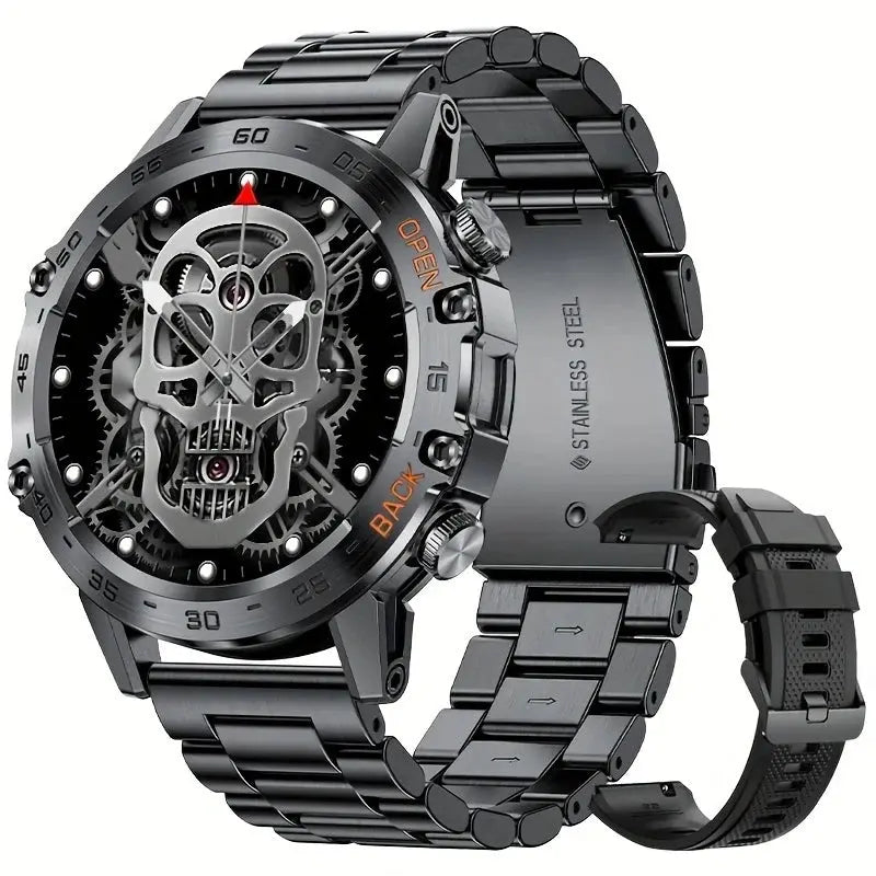 LIGE tactical smartwatch with black stainless steel band and skull gear design dial from Alcom Distribution