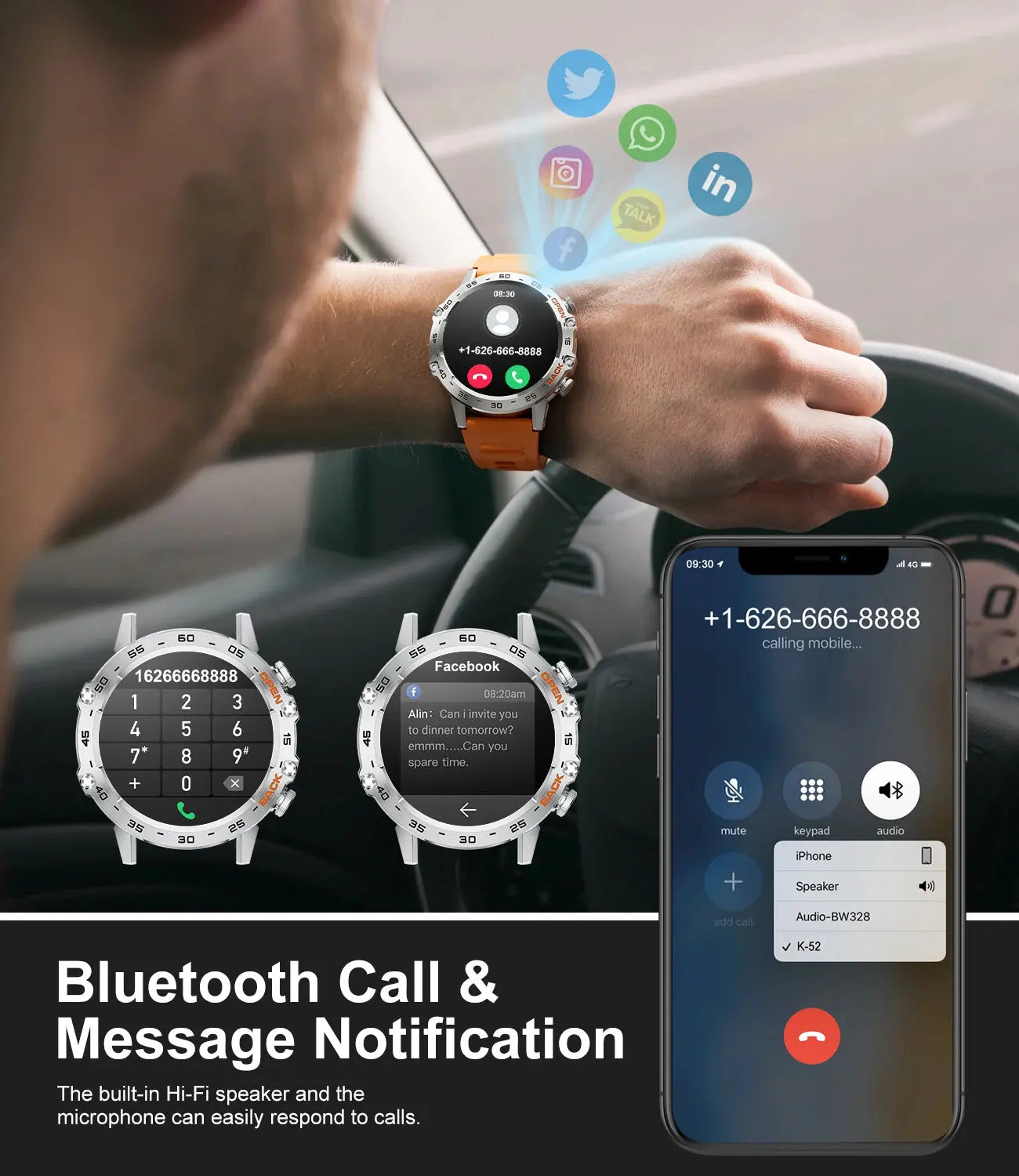 LIGE tactical smartwatch by Alcom Distribution displaying Bluetooth call and message notifications with icons and phone call interface