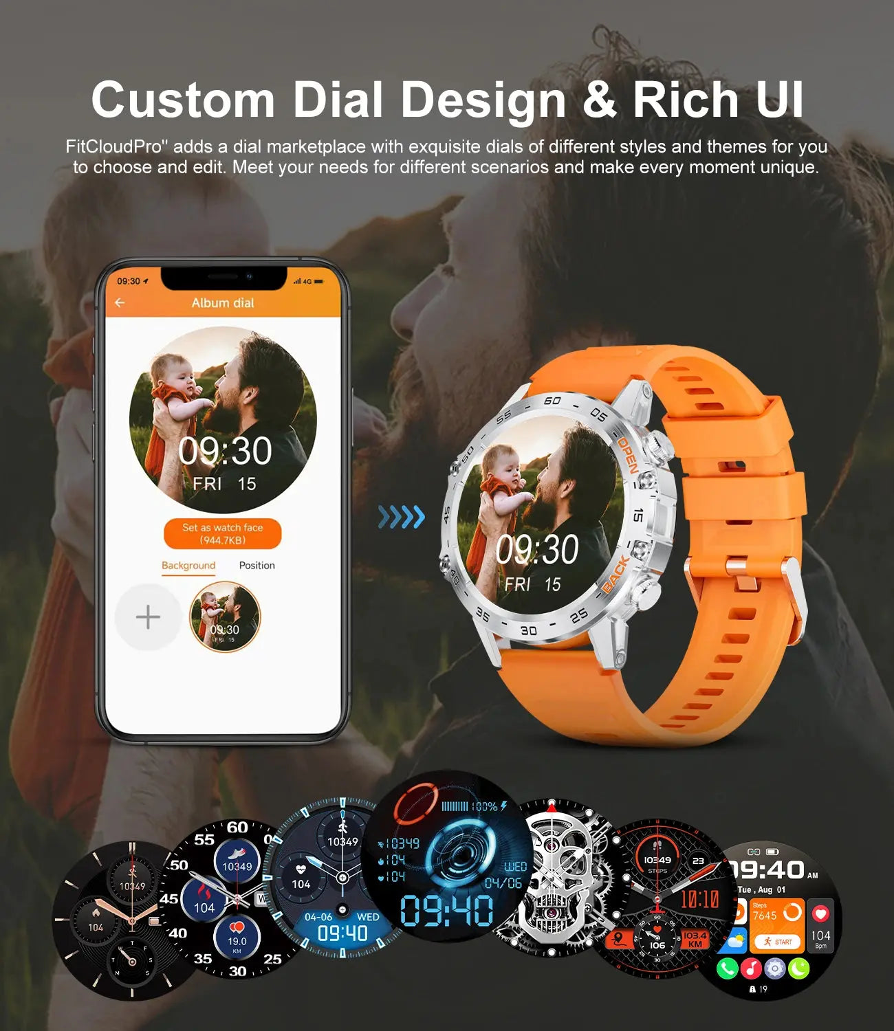 LIGE tactical smartwatch with custom dial design and rich UI displayed on orange strap watch and smartphone app