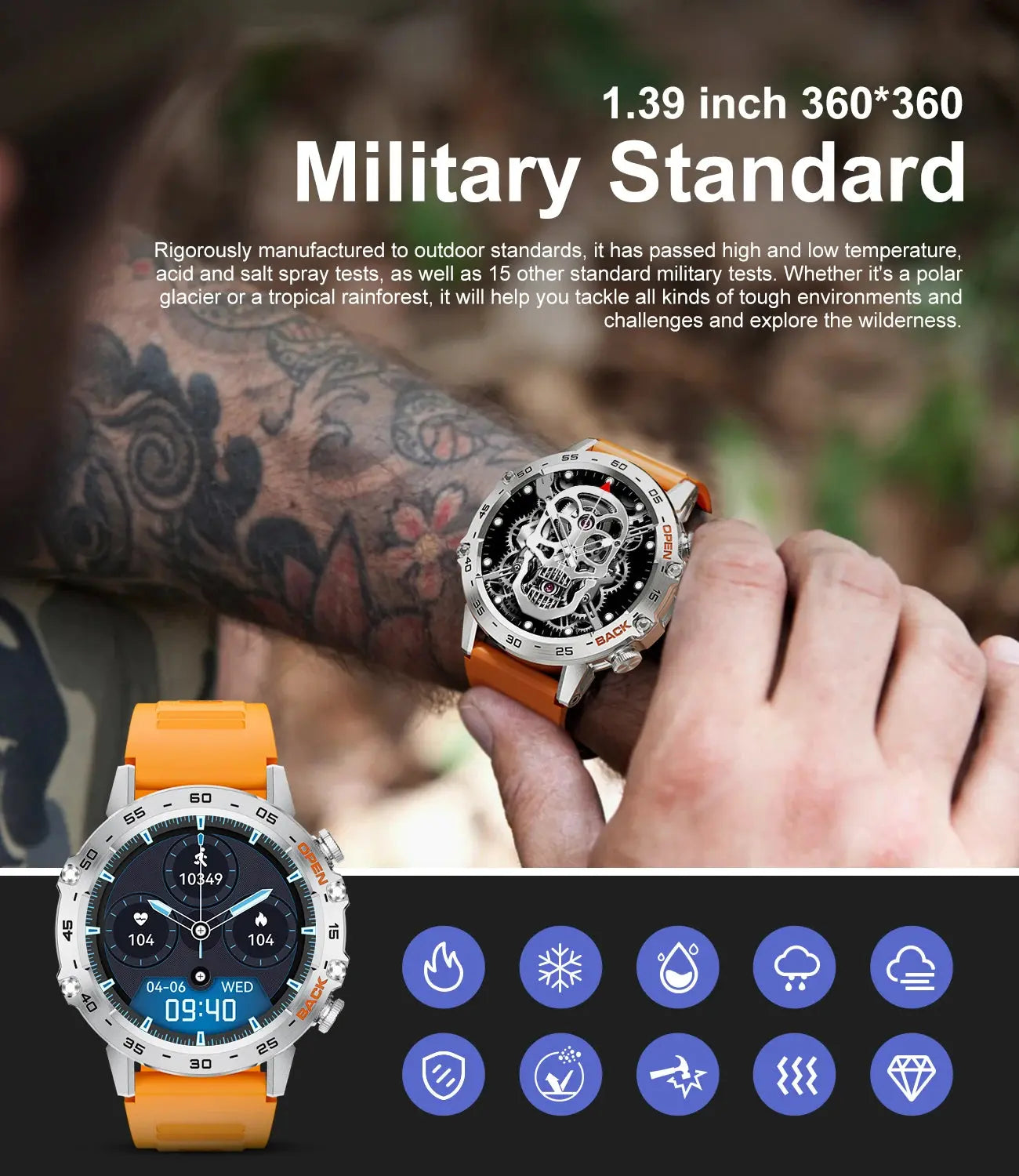 LIGE tactical smartwatch with orange band featuring military standard durability and multifunction digital display