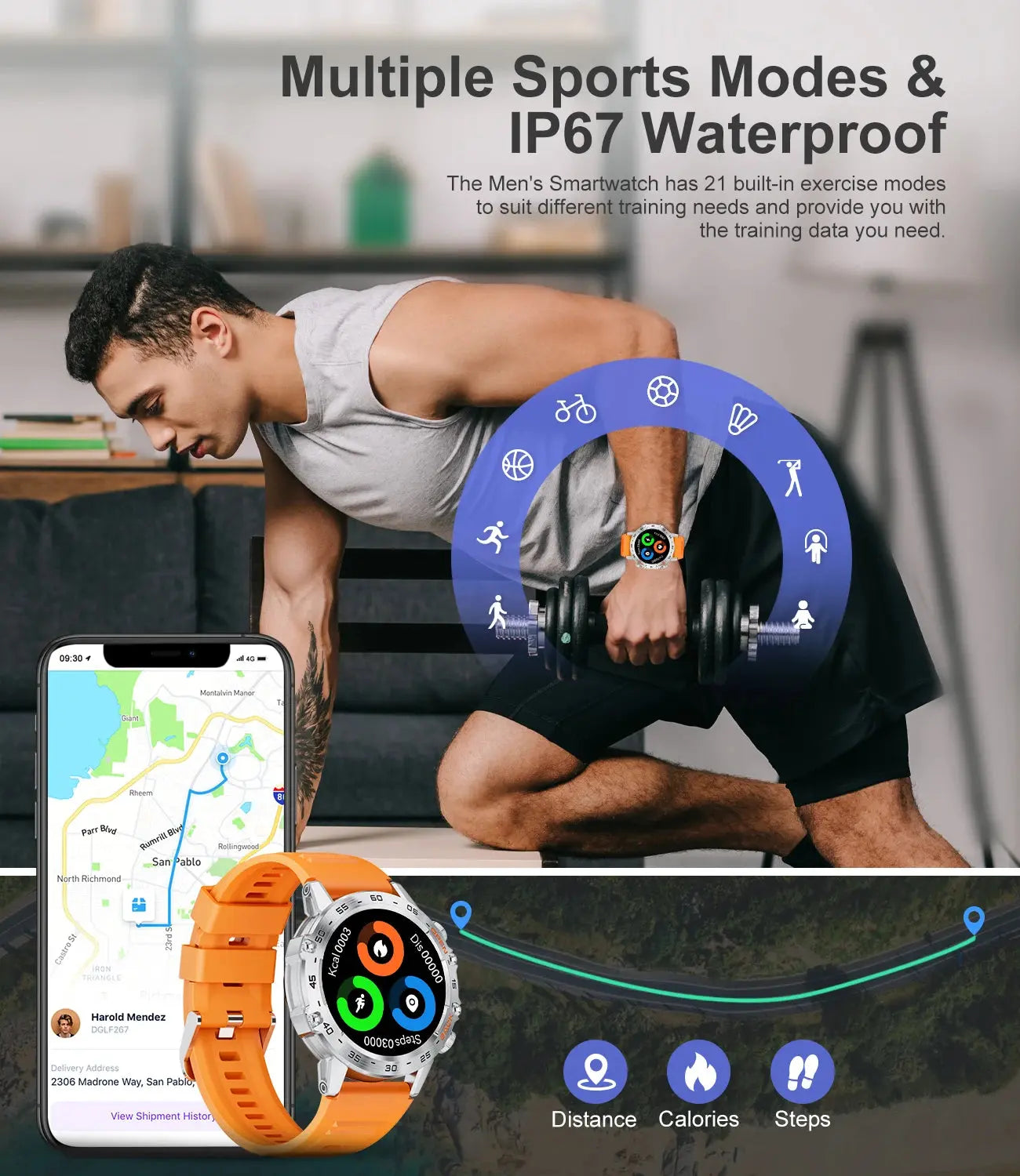 LIGE tactical smartwatch with orange strap showing multiple sports modes and fitness tracking features