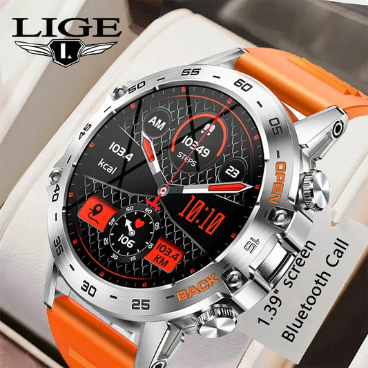 LIGE tactical smartwatch with orange strap and silver casing showing fitness tracking features
