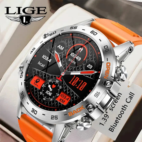 LIGE tactical smartwatch with orange strap and silver casing showing fitness tracking features