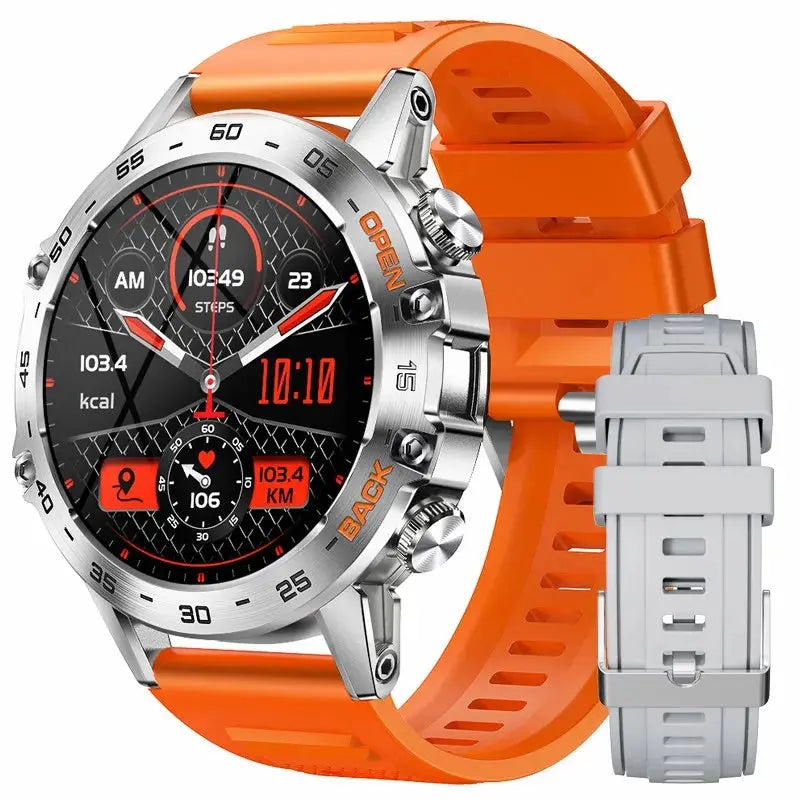 LIGE tactical smartwatch with silver case and orange strap plus extra gray strap from Alcom Distribution