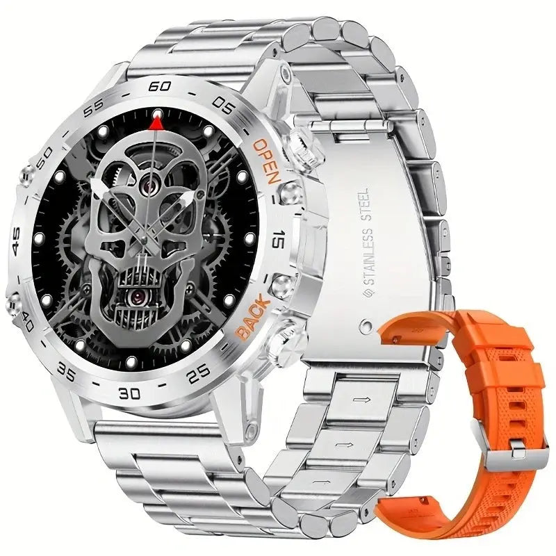 LIGE tactical smartwatch with silver metal band and skull design face, includes extra orange strap
