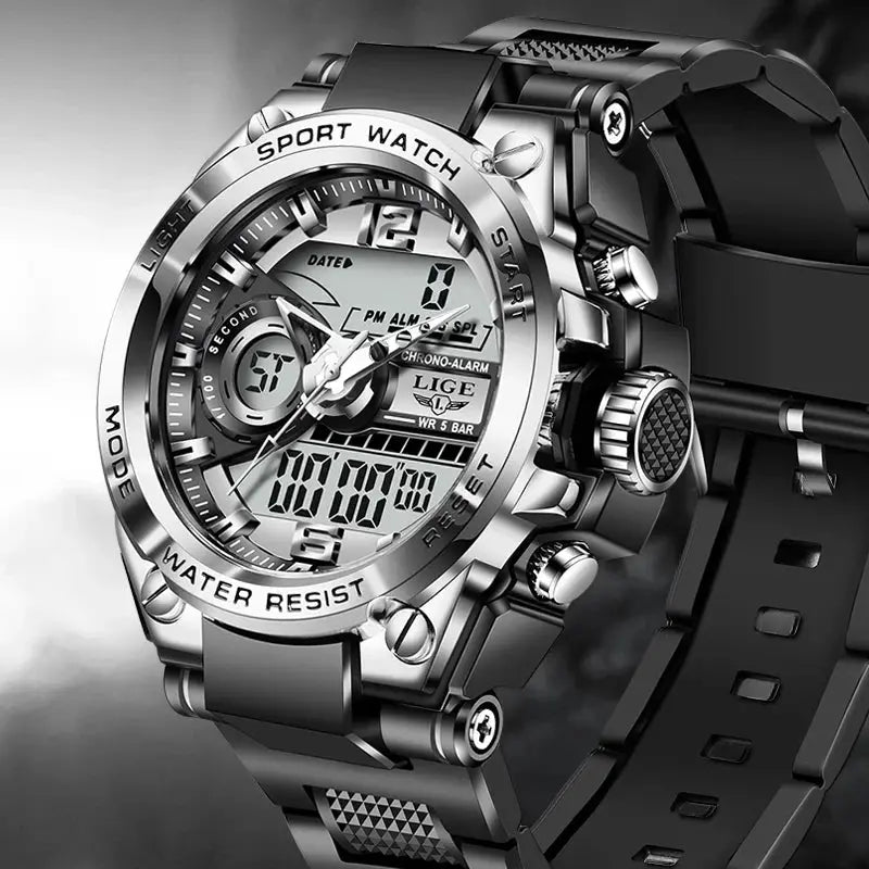 LIGE waterproof military watch with silver case and black strap by Alcom Distribution