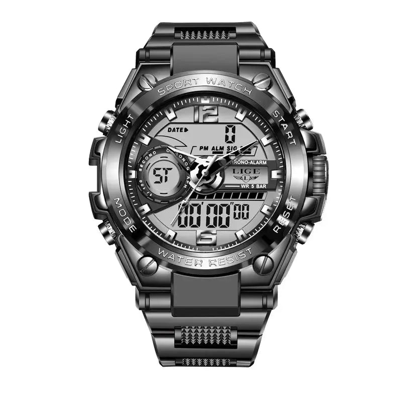 LIGE waterproof military watch with digital and analog black dial and stainless steel band