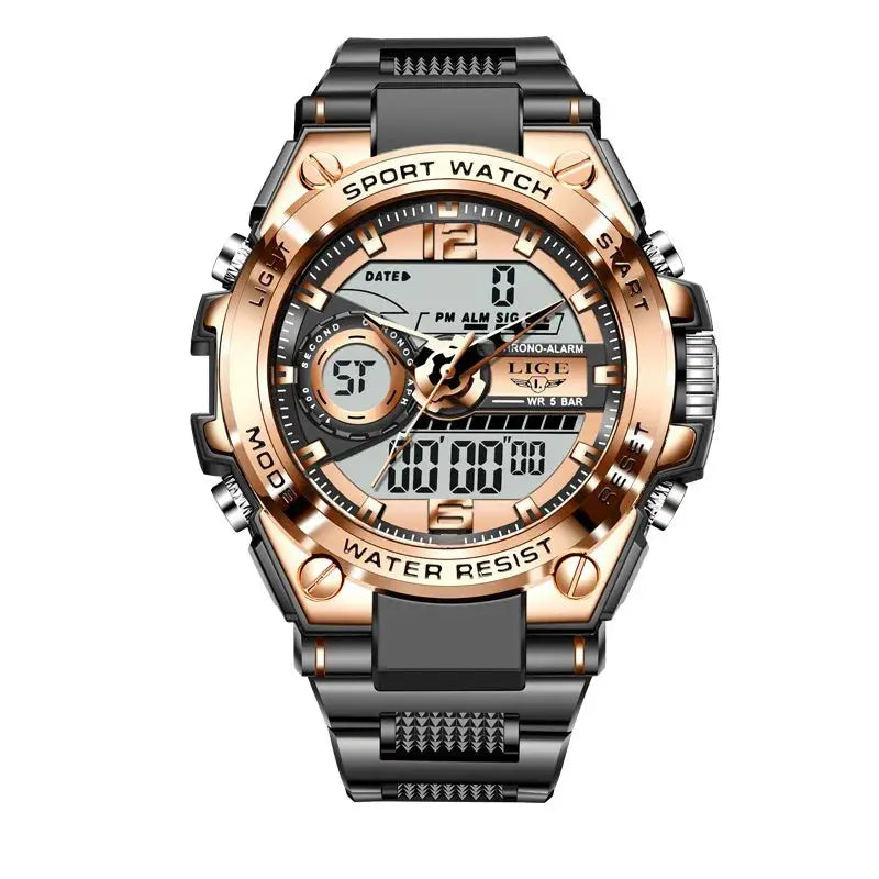 LIGE waterproof military watch with black and rose gold design by Alcom Distribution