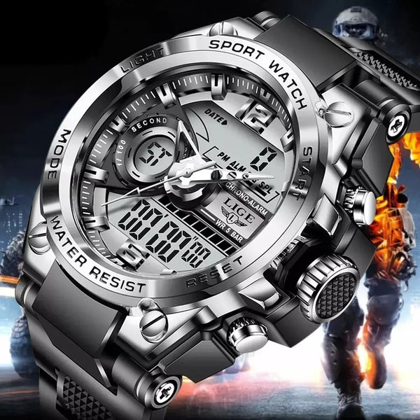 LIGE waterproof military watch by Alcom Distribution with digital and analog display in silver tone