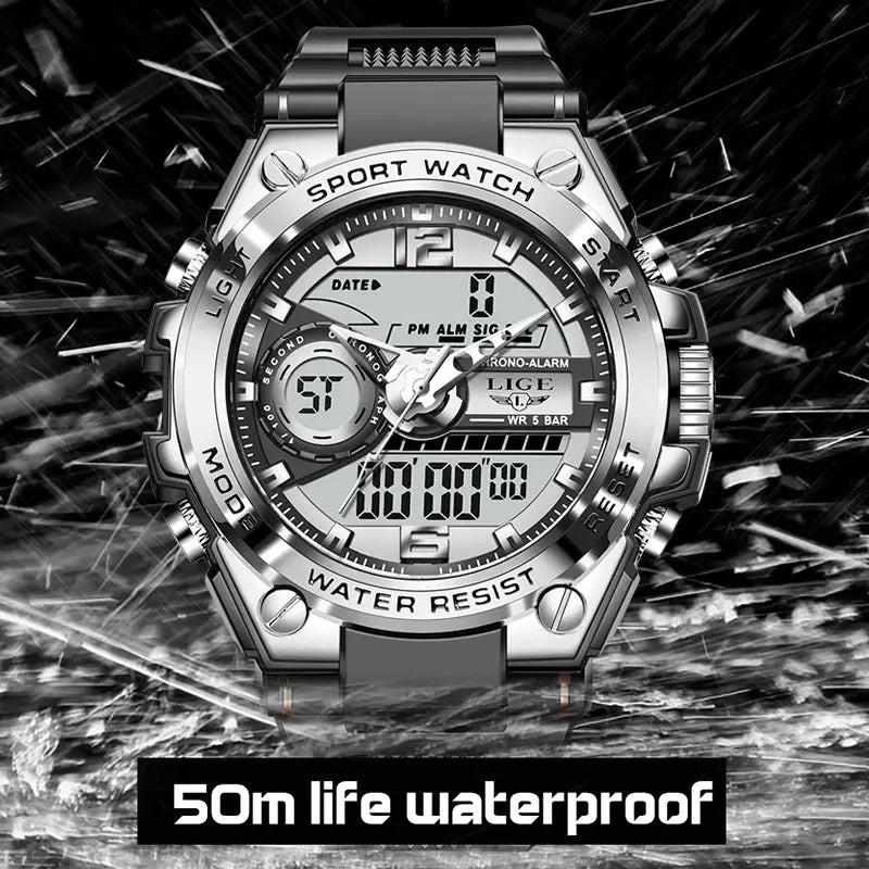 LIGE waterproof military watch by Alcom Distribution with digital analog display and silver metal design