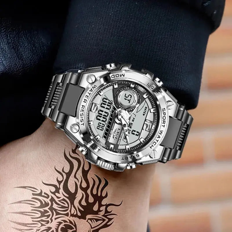 LIGE waterproof military watch with silver metal band and digital analog display on wrist