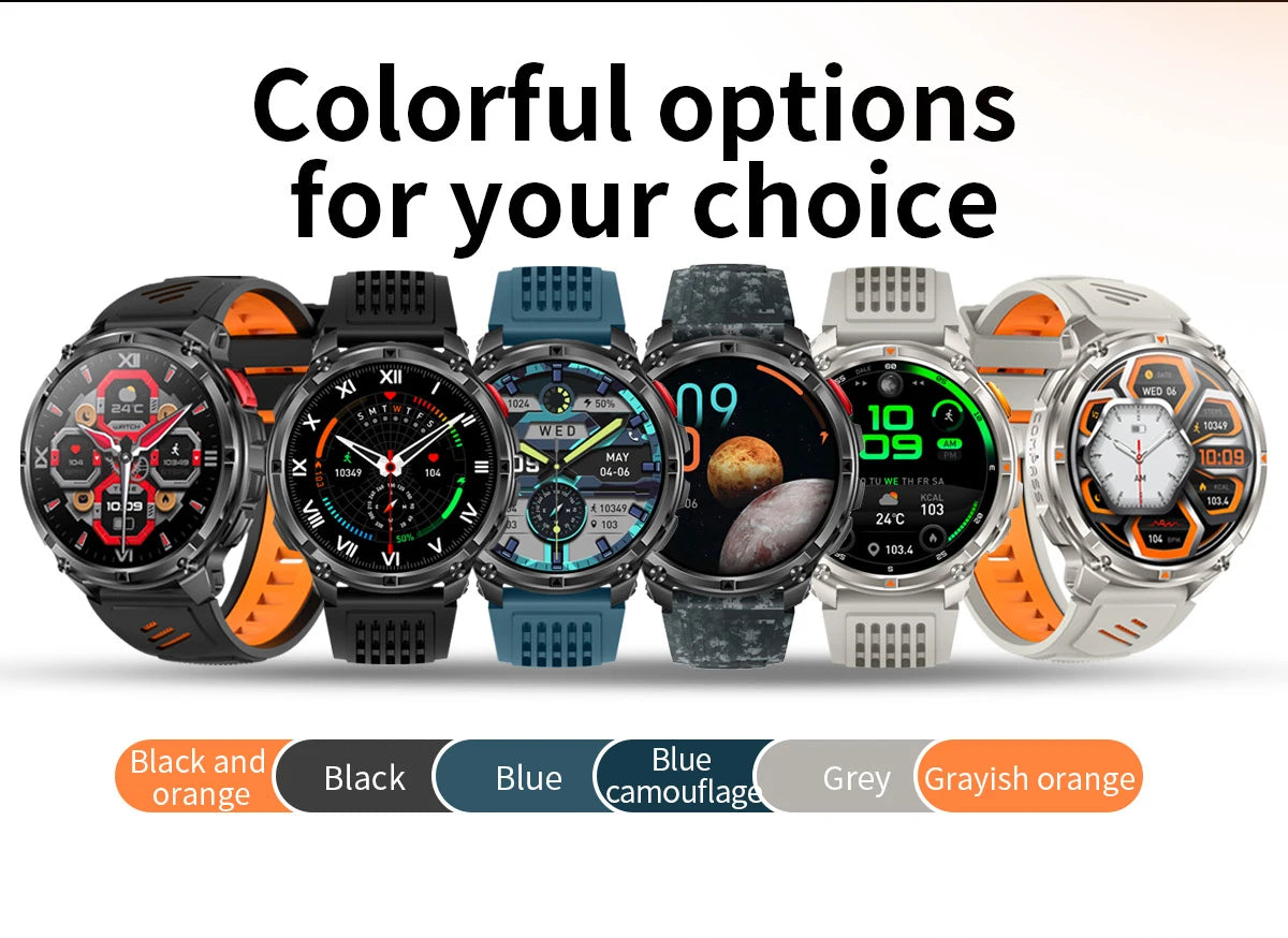 Colorful LIGE waterproof smartwatch IP68 options in black, blue, gray, and orange for every style