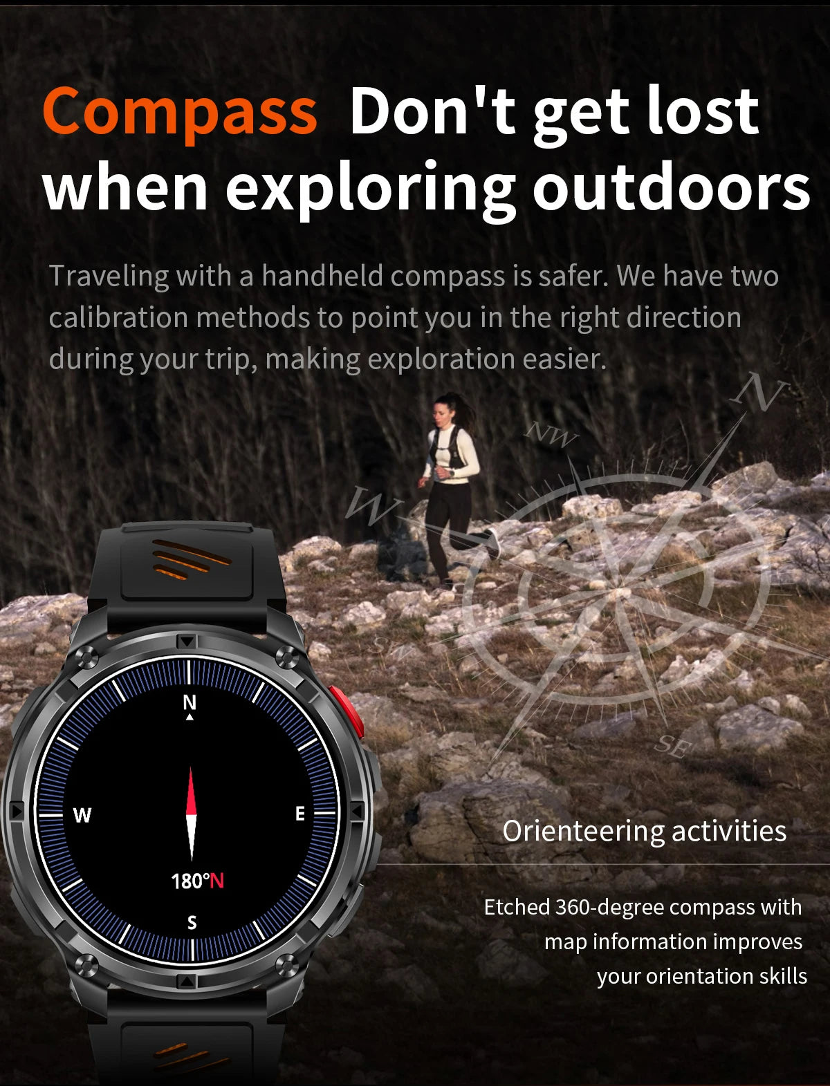 LIGE waterproof smartwatch IP68 with built-in compass for outdoor exploration and navigation
