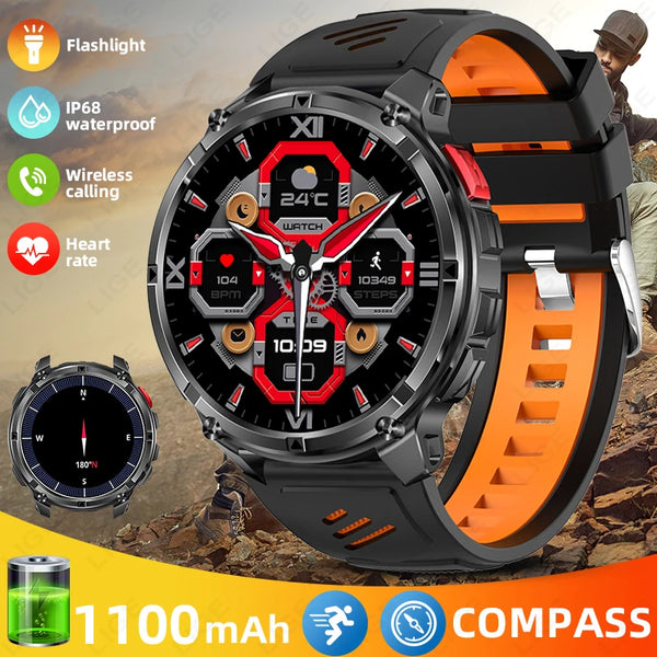 LIGE waterproof smartwatch IP68 with heart rate monitor, flashlight, and wireless calling features