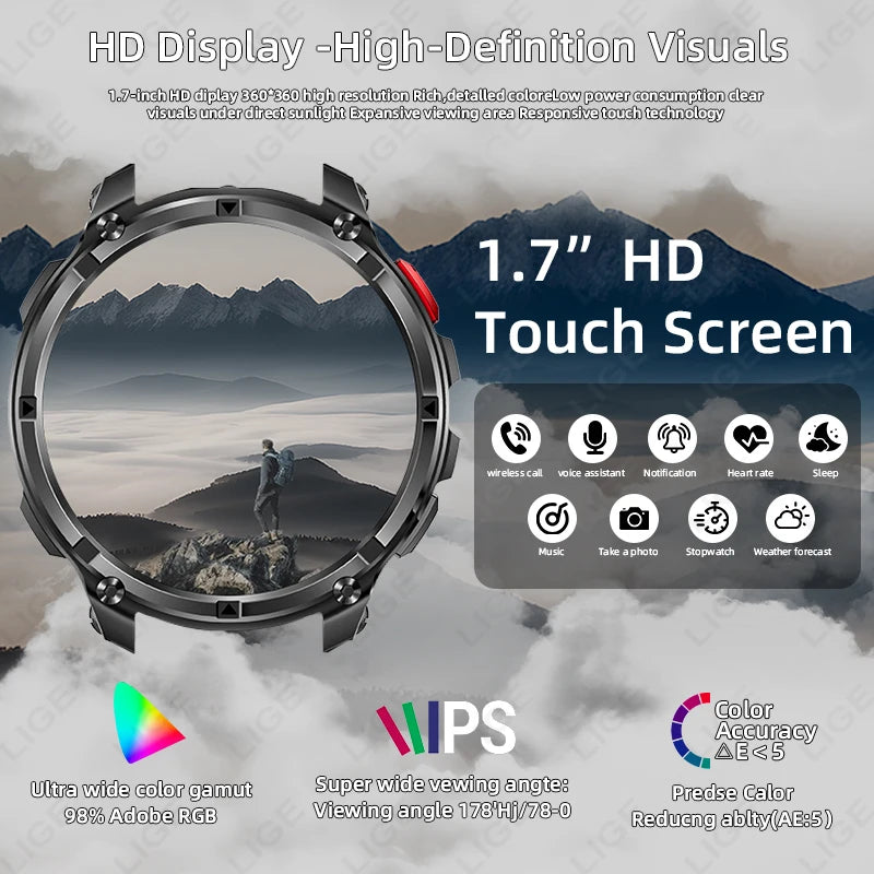 LIGE waterproof smartwatch IP68 with 1.7 inch HD touchscreen and advanced visual display features
