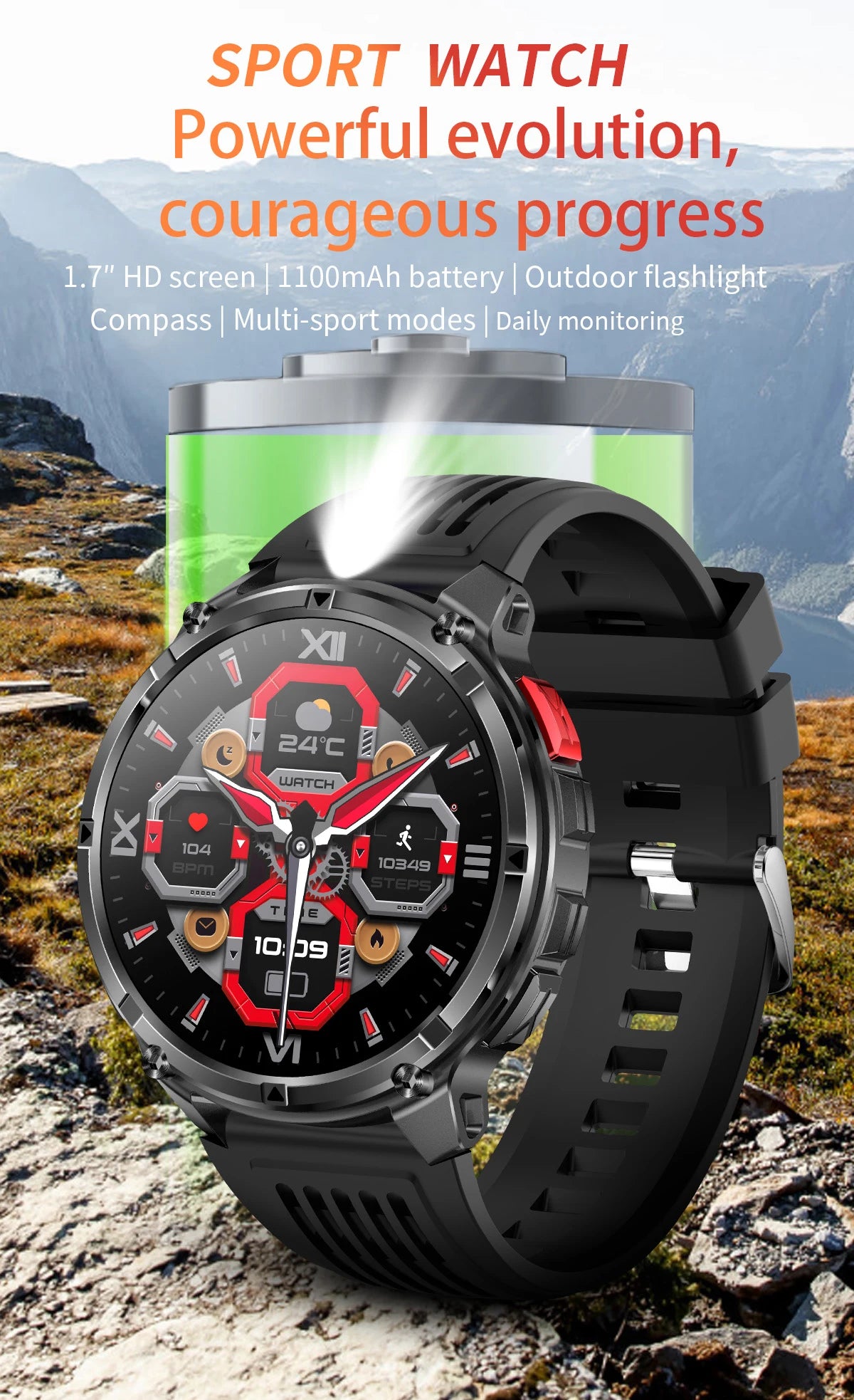 LIGE waterproof smartwatch IP68 with 1.7 inch HD screen and multi-sport modes for outdoor enthusiasts