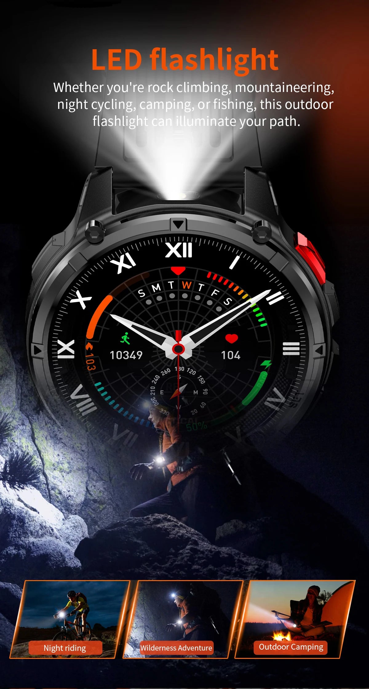 LIGE waterproof smartwatch IP68 with LED flashlight feature for outdoor activities like camping and night cycling