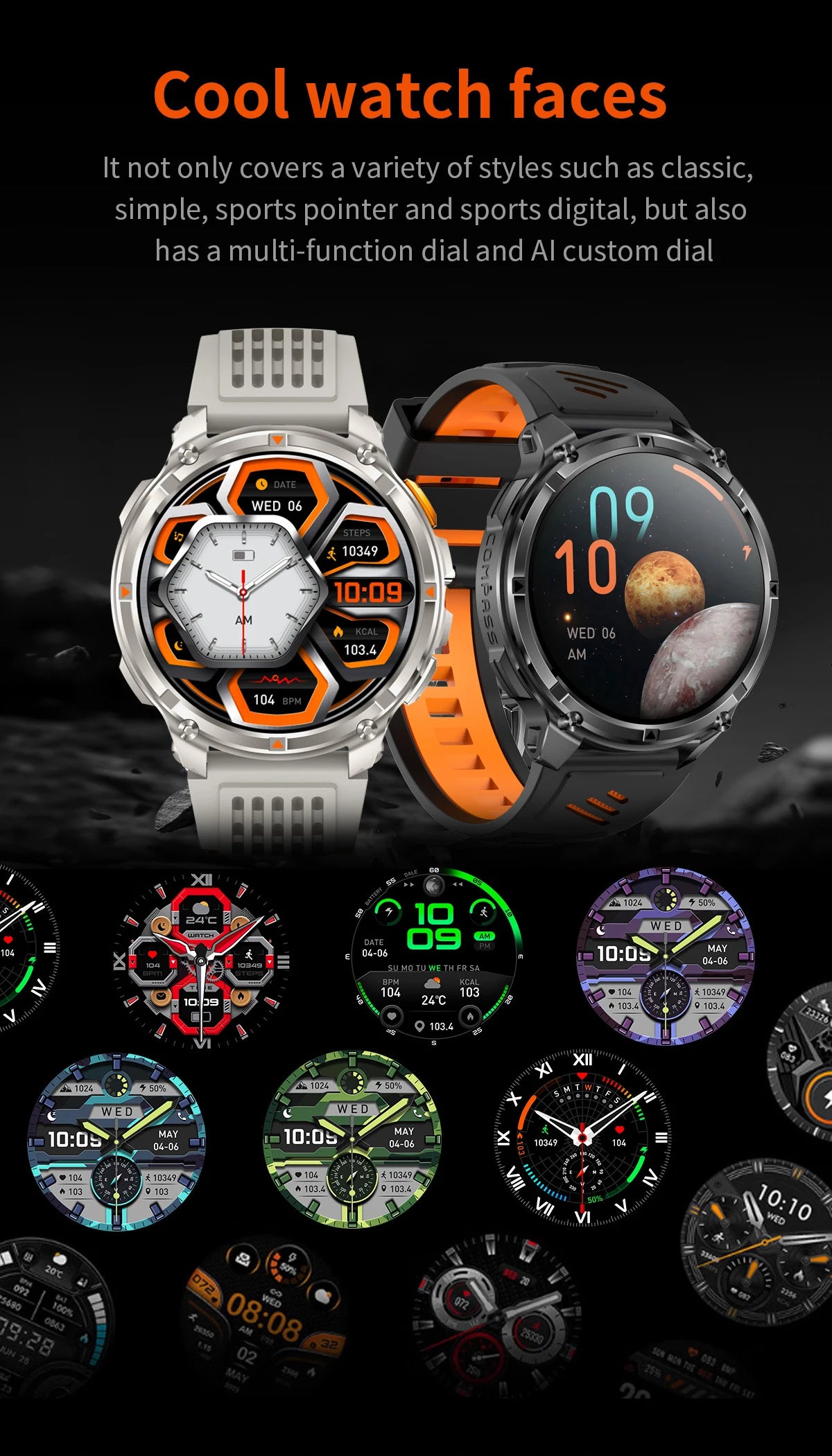 LIGE waterproof smartwatch IP68 with multiple customizable watch faces and sporty design options