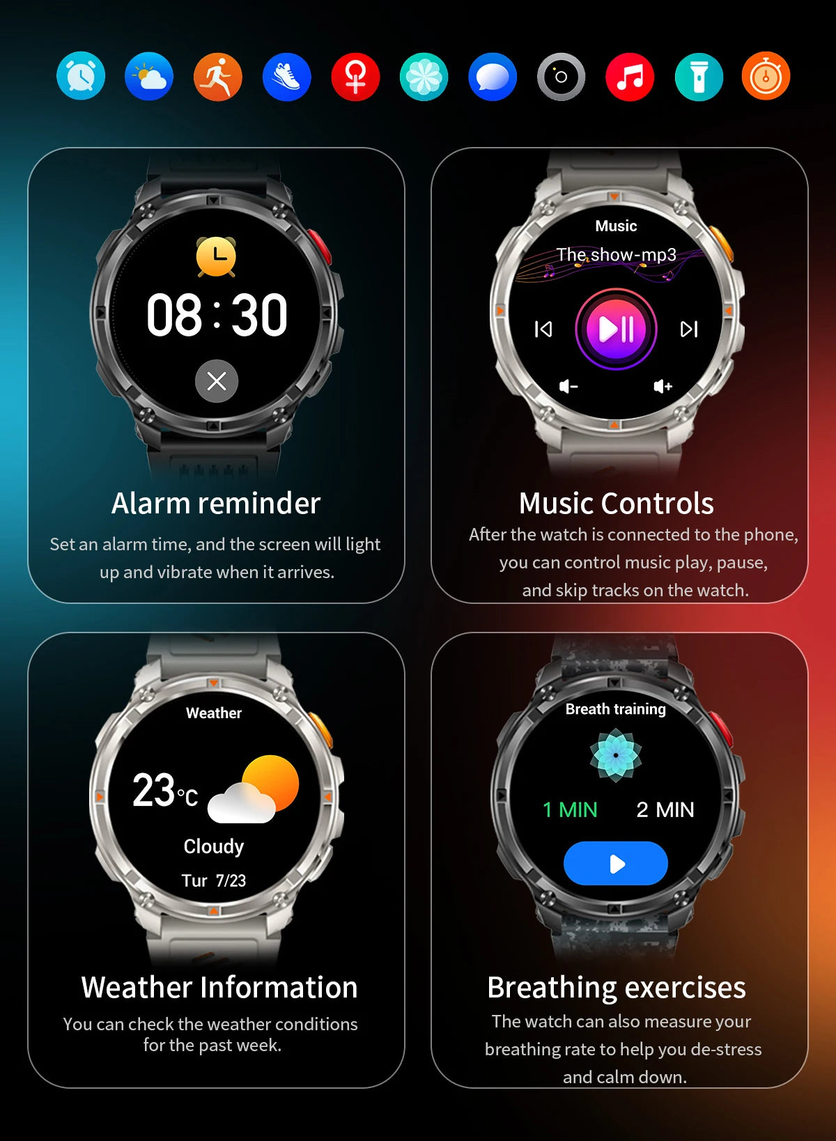 LIGE waterproof smartwatch IP68 with alarm, music controls, weather info, and breathing exercises features