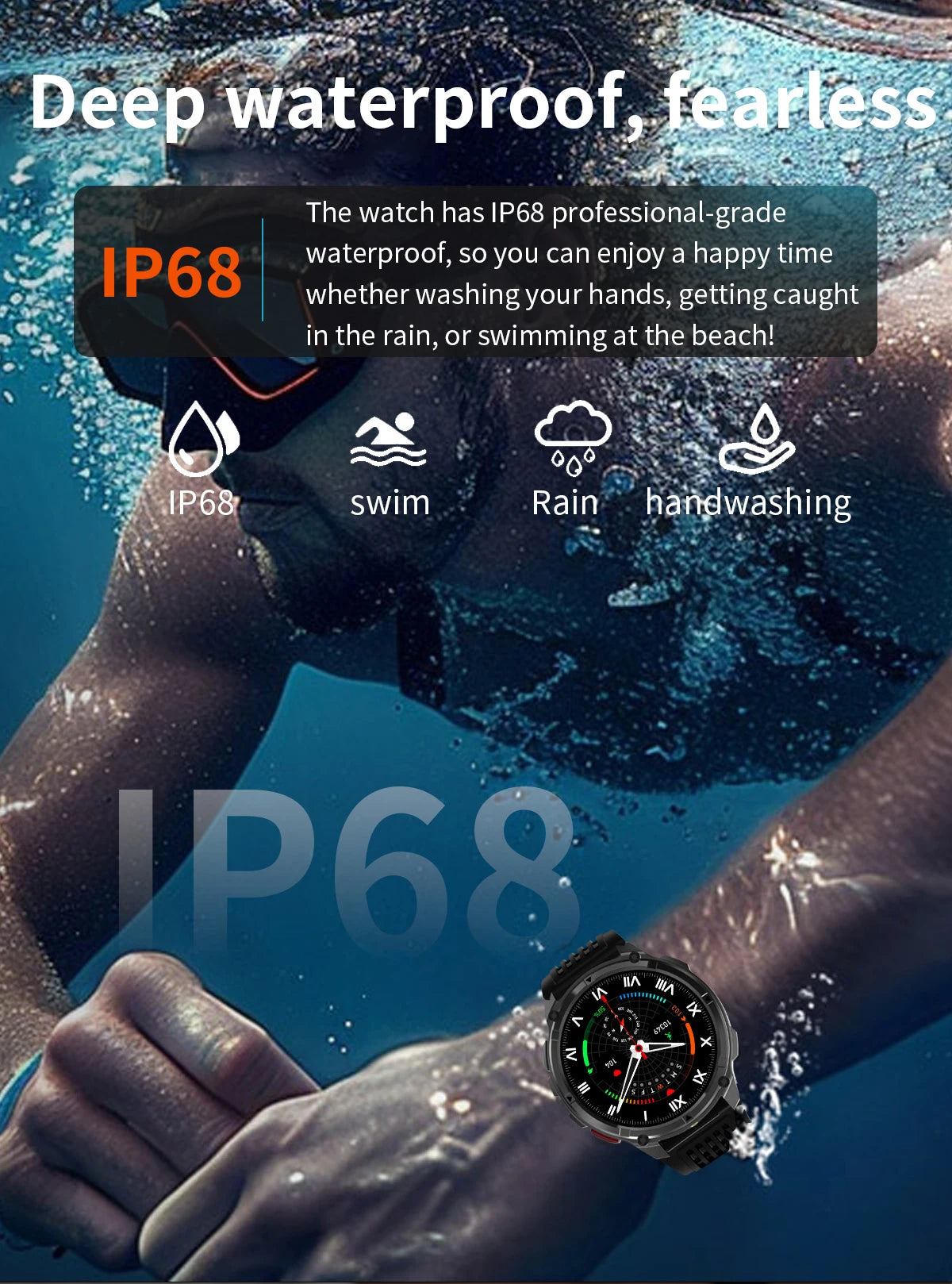 LIGE waterproof smartwatch IP68 with deep waterproof design for swimming and outdoor activities