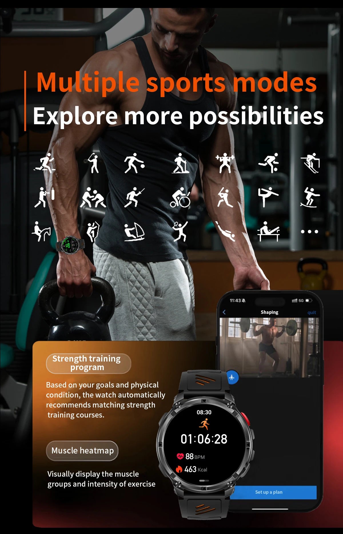 LIGE waterproof smartwatch IP68 featuring multiple sports modes and fitness tracking display