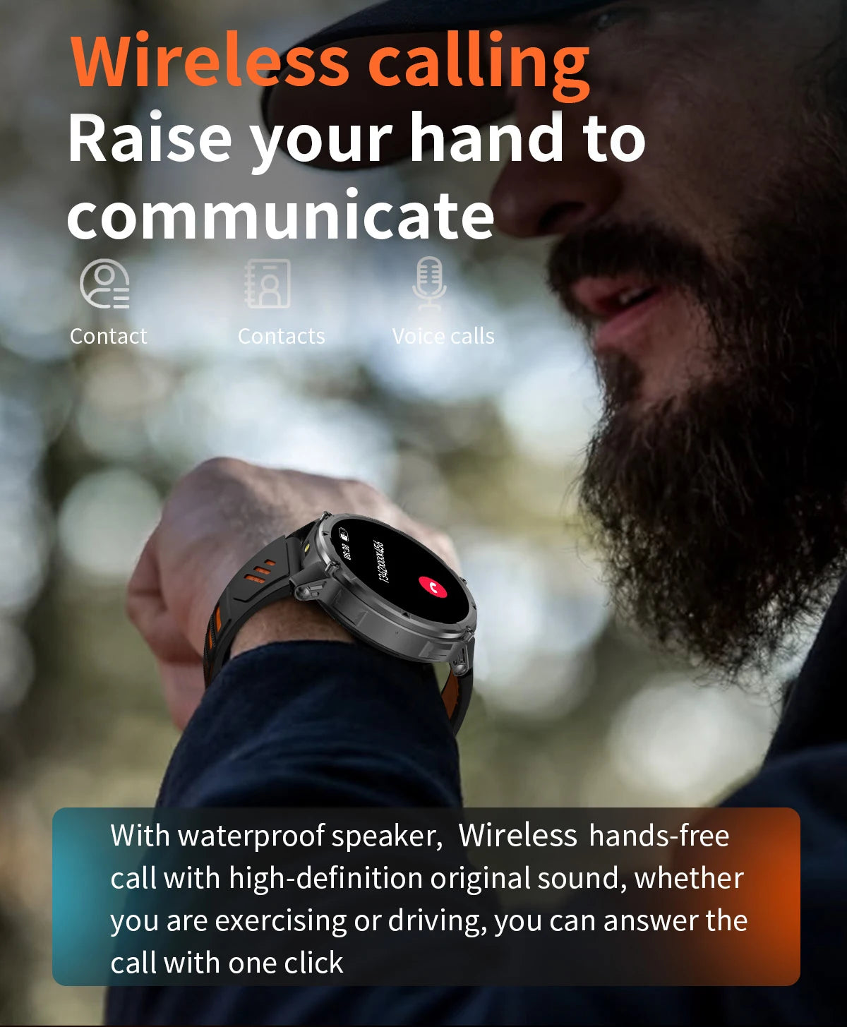 LIGE waterproof smartwatch IP68 showing wireless calling feature on a user's wrist outdoors