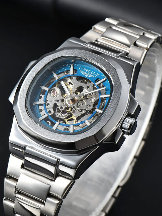 LONGLUX Skeleton Automatic Watch with silver metal band and blue dial showcasing exposed mechanical movement