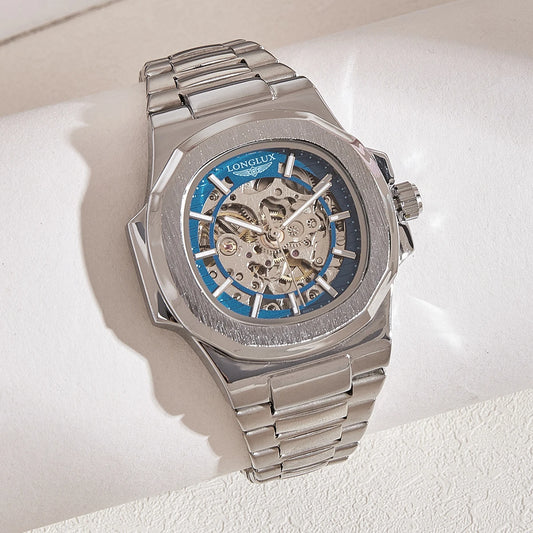 LONGLUX Skeleton Automatic Watch with silver metal band and exposed mechanical movement dial