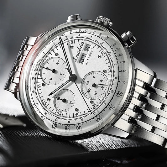 Alcom Distribution luxury men's automatic watch with silver stainless steel band and detailed chronograph dial