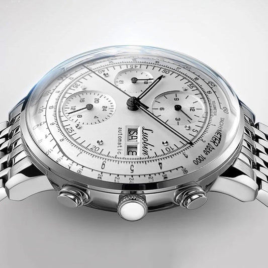 Luxury men's automatic watch from Alcom Distribution with silver stainless steel band and detailed chronograph dial