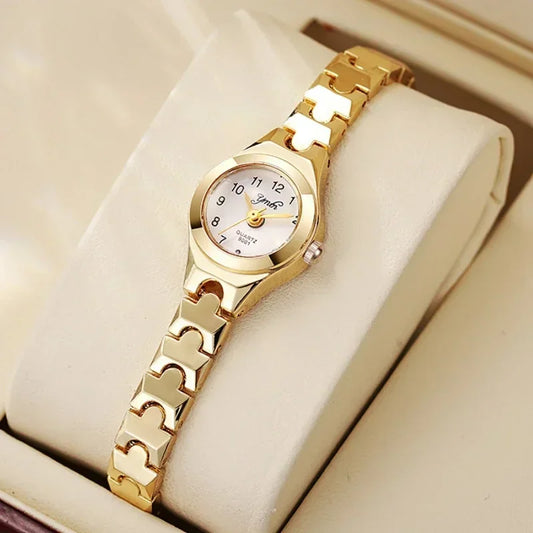 Alcom Distribution rose gold ladies bracelet watch with white dial Arabic numerals slim jewelry link band