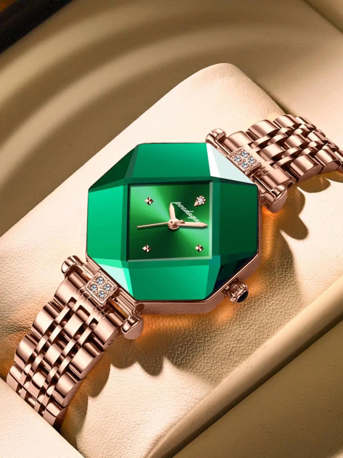 Luxury square quartz watch with emerald green faceted dial and rose gold metal bracelet by Alcom Distribution