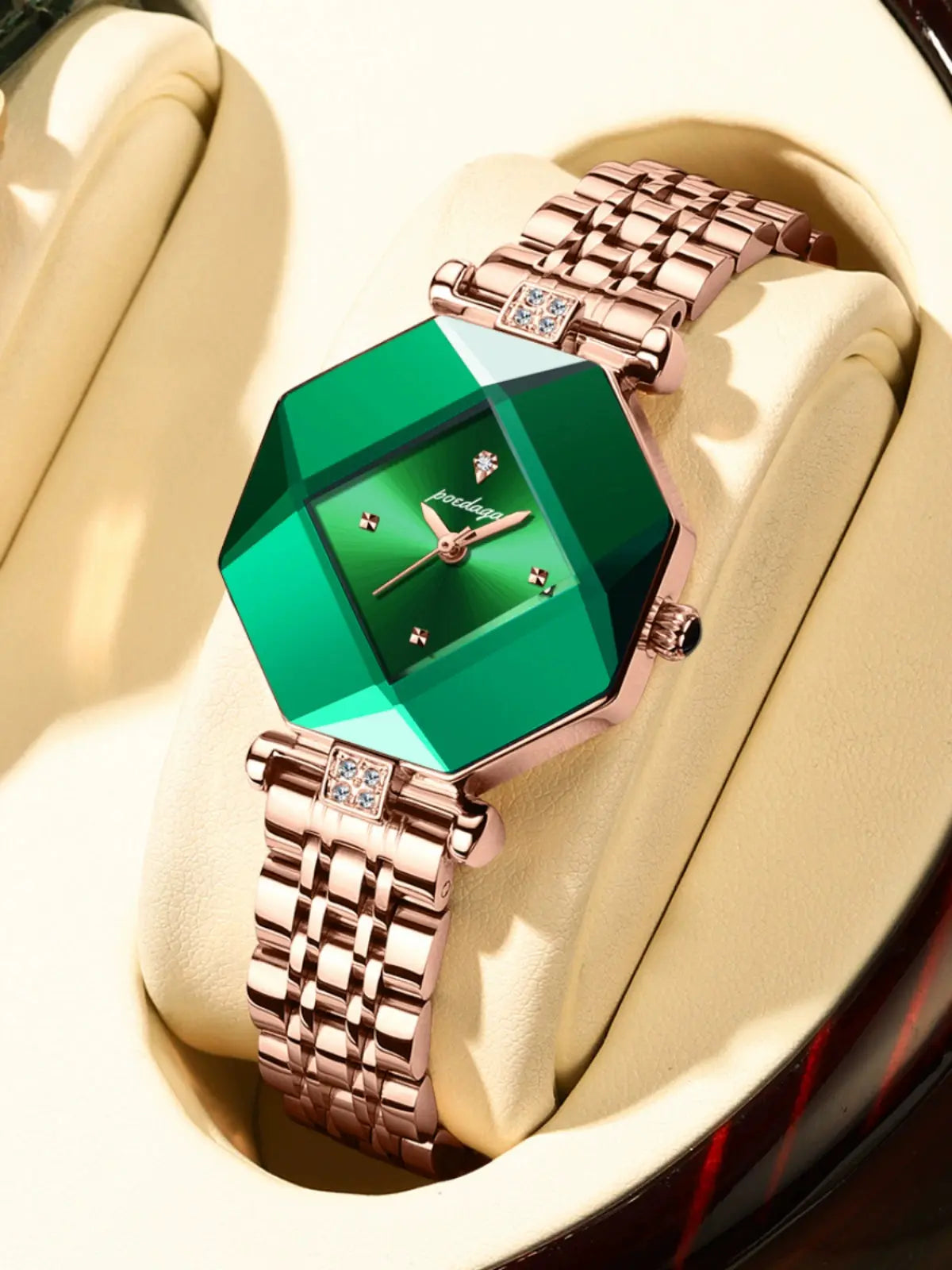 Alcom Distribution luxury square quartz watch with green face and rose gold metal band