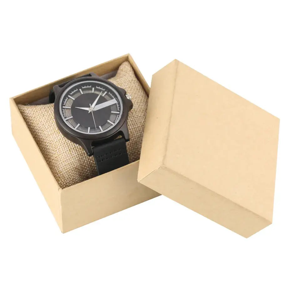 Alcom Distribution luxury transparent watch for men in black with minimalist design in a beige gift box