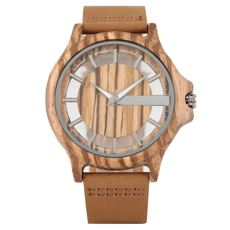Alcom Distribution luxury transparent watch for men with wooden dial and brown leather strap