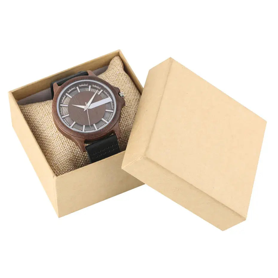Luxury transparent watch for men with brown dial and black leather strap in a beige gift box