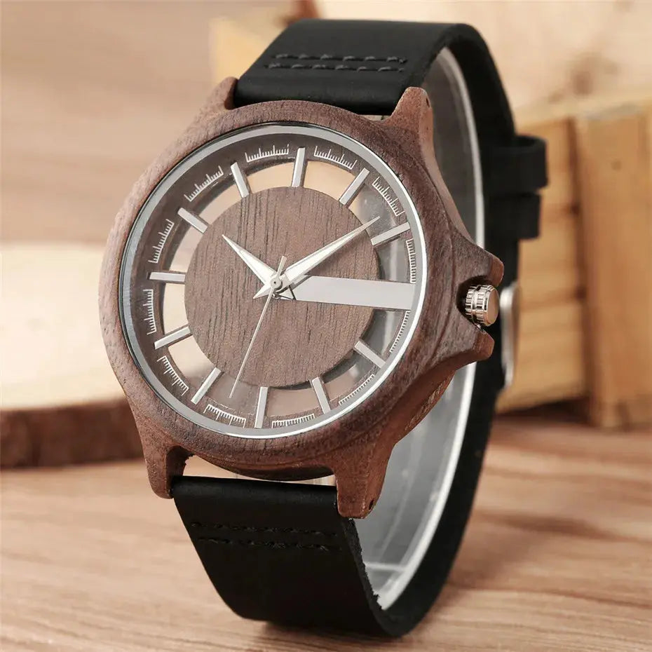 Luxury transparent watch for men with wooden case and black leather strap by Alcom Distribution