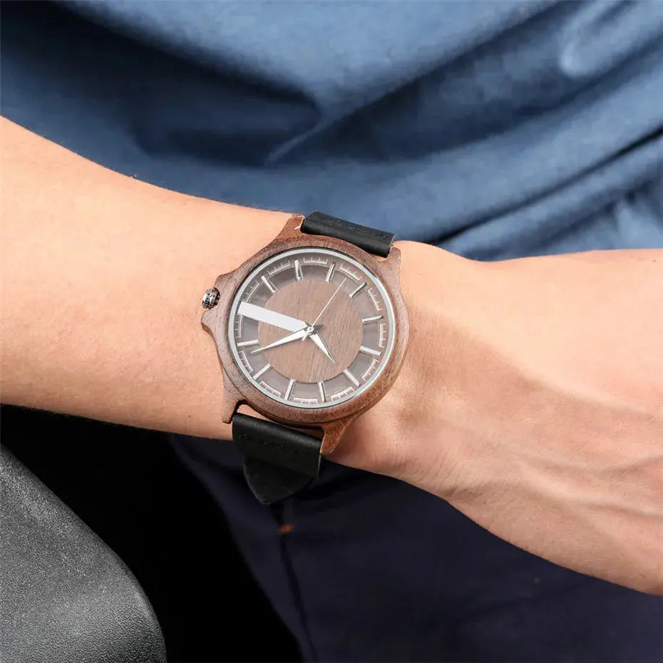 Luxury transparent watch for men with wooden case and black leather strap on wrist
