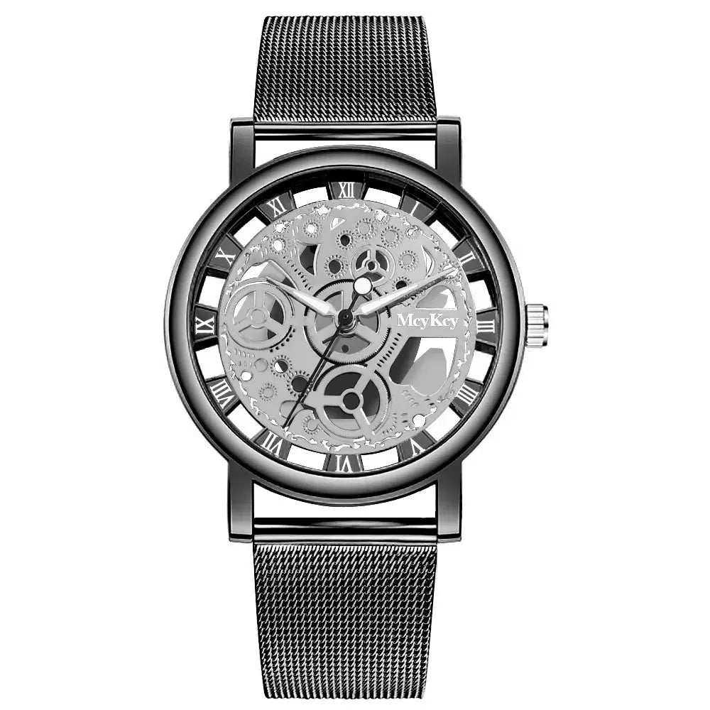 Alcom Distribution Hollow Skeleton Quartz Watch with black mesh band and visible mechanical gears