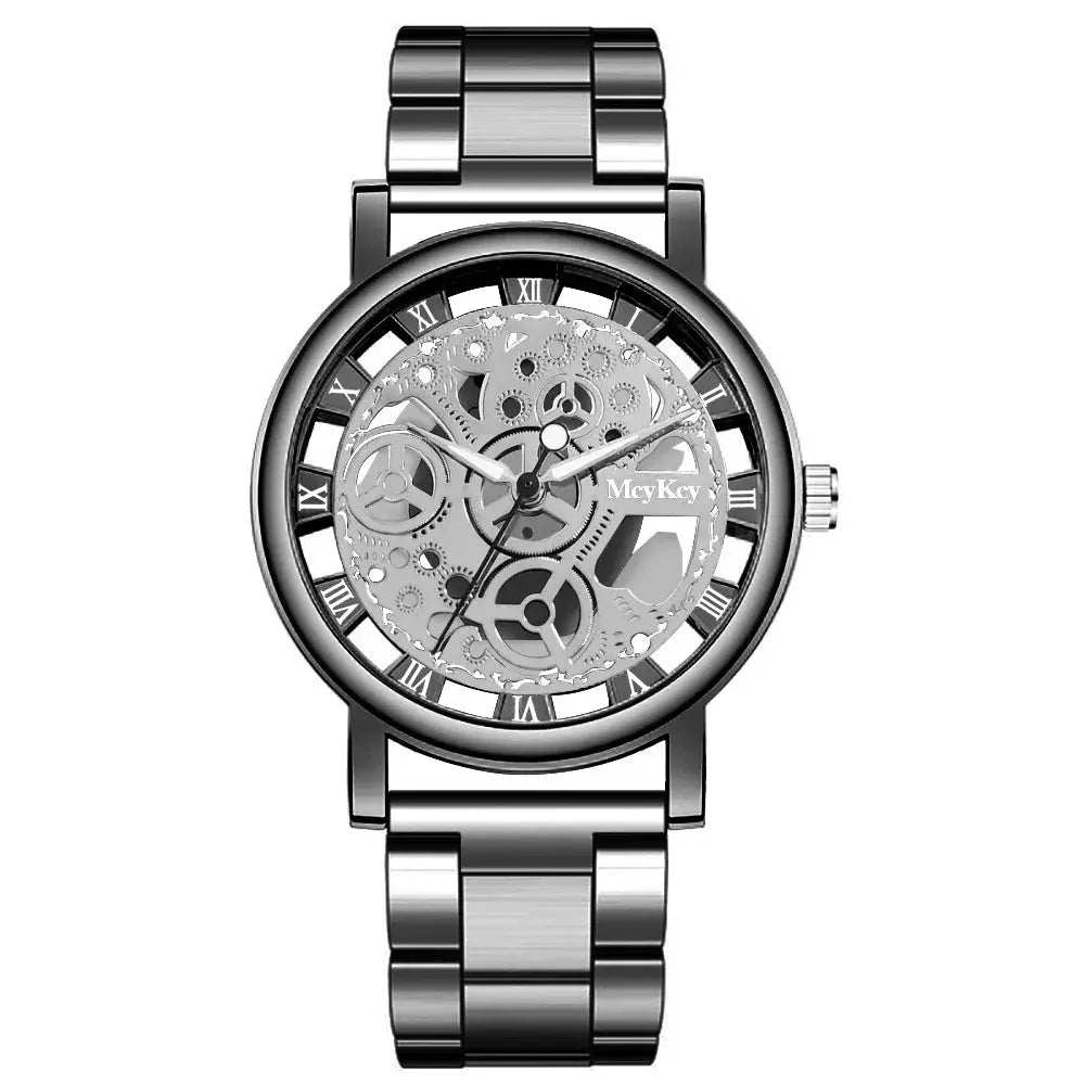 Alcom Distribution Hollow Skeleton Quartz Watch with visible gears and metallic band