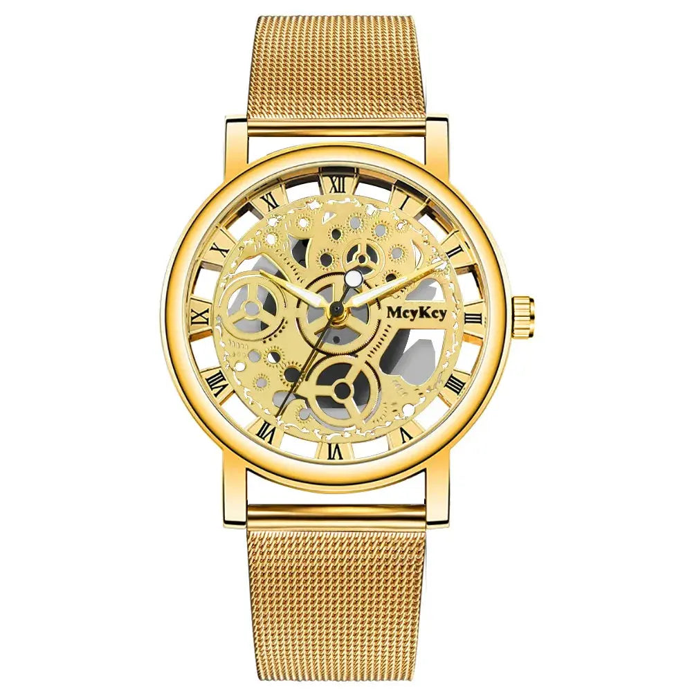 Alcom Distribution gold Hollow Skeleton Quartz Watch with mesh band and visible gears